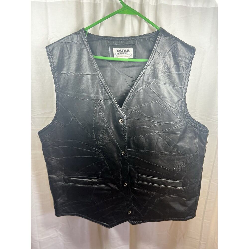 Duke Haband Mens L Black Genuine Leather Patchwork Snap‎ Front Vest Biker Goth